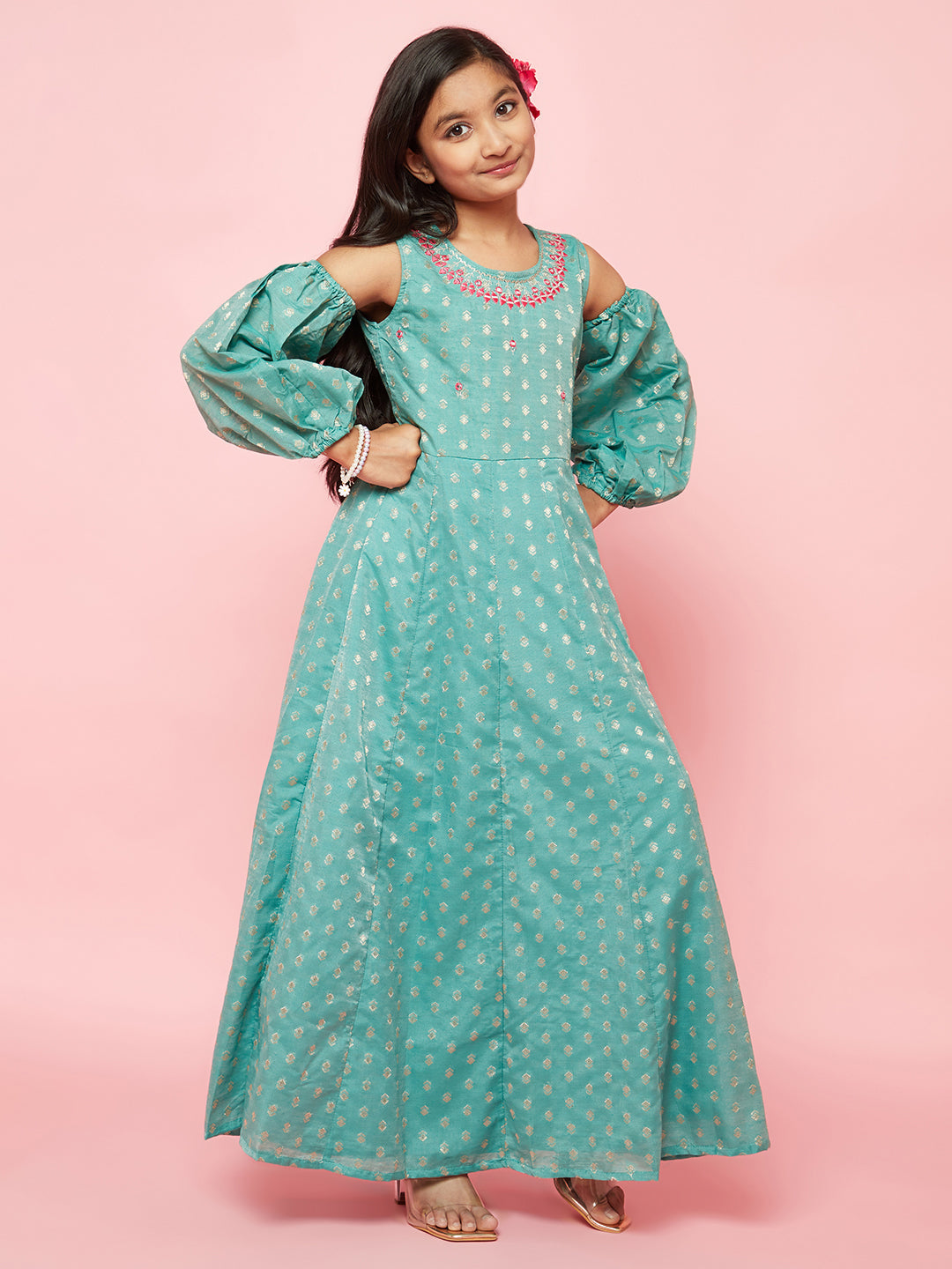 Green Embellished Flared Maxi Dress - Elganza