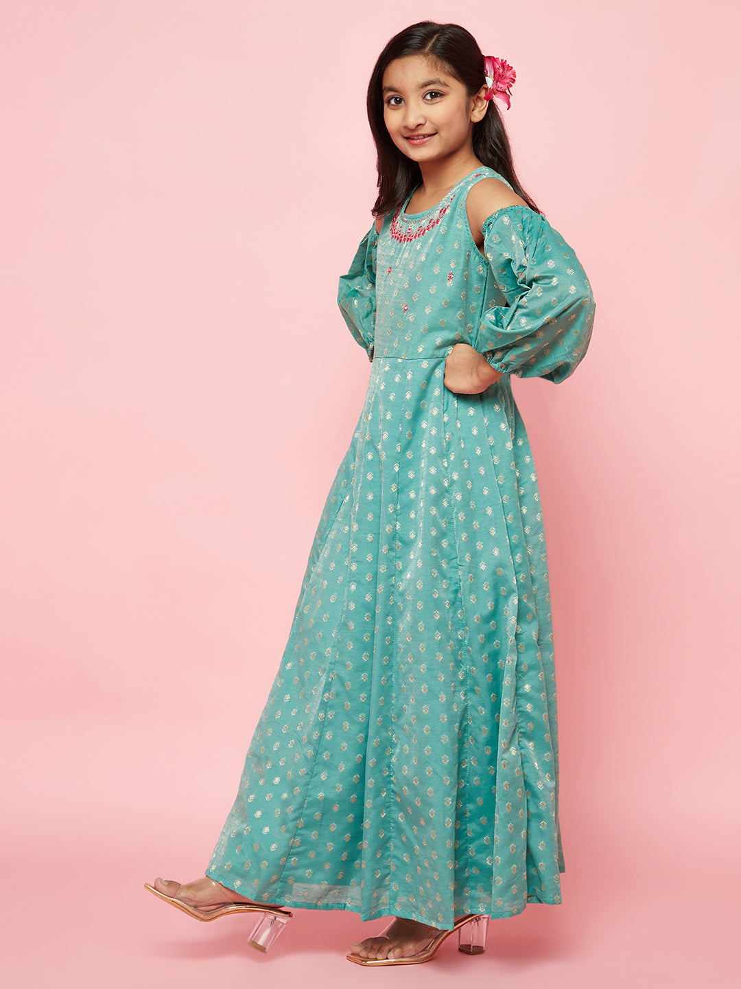 Green Embellished Flared Maxi Dress - Elganza