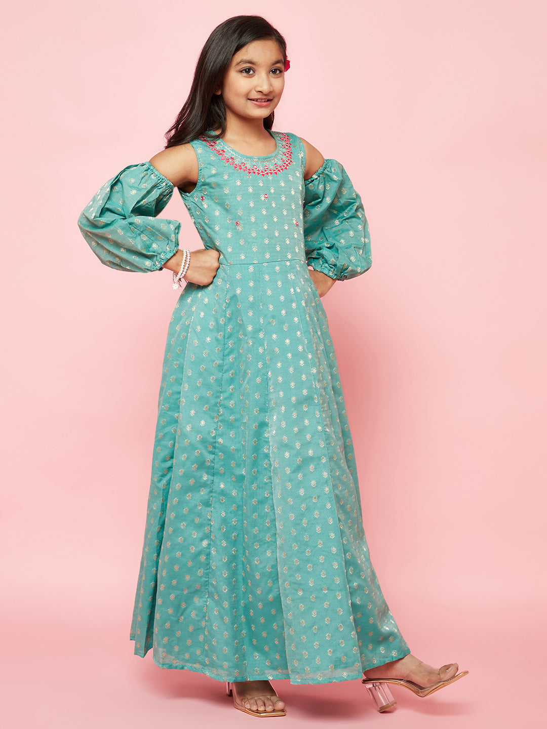 Green Embellished Flared Maxi Dress - Elganza