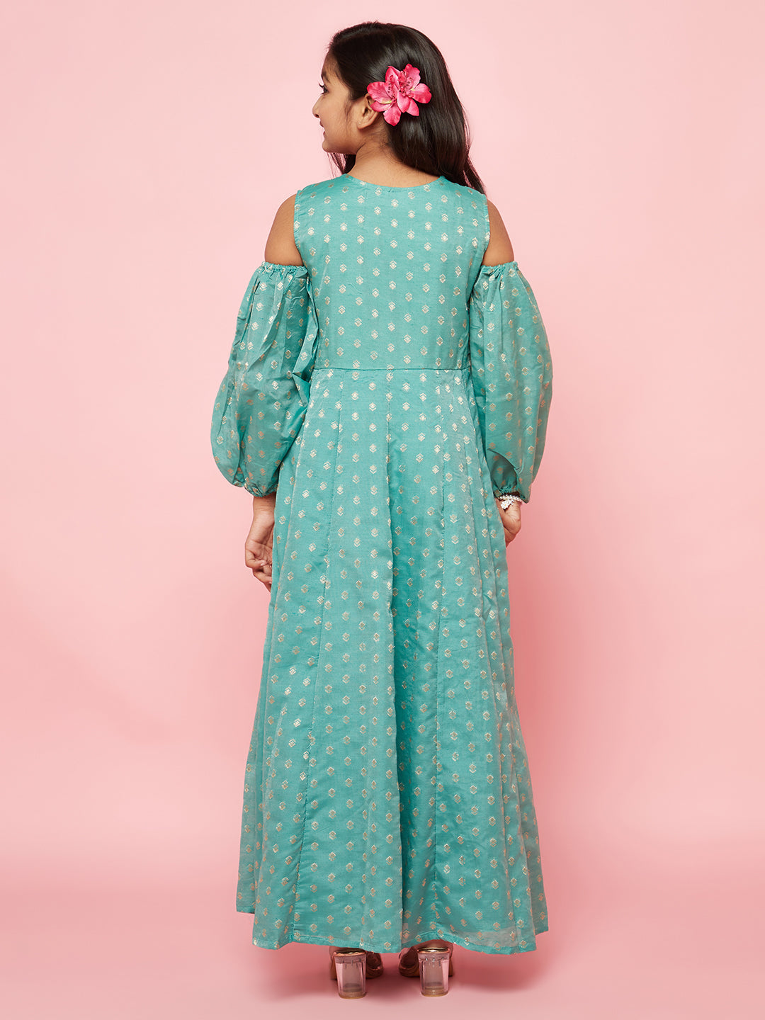 Green Embellished Flared Maxi Dress - Elganza