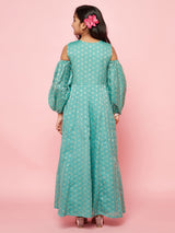 Green Embellished Flared Maxi Dress - Elganza