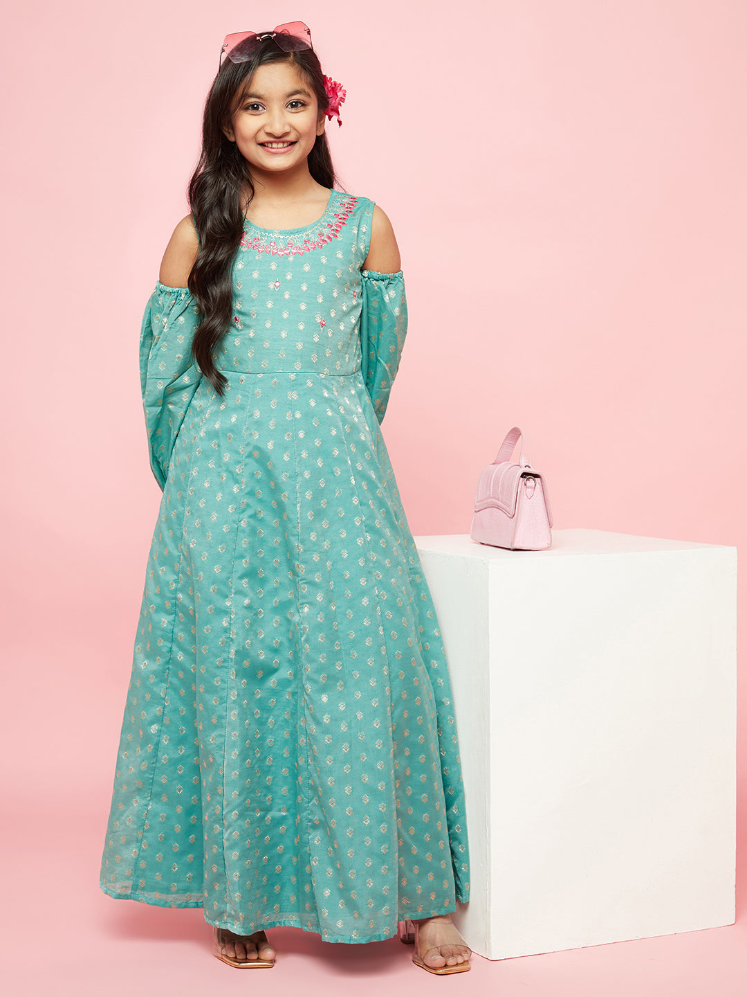 Green Embellished Flared Maxi Dress - Elganza