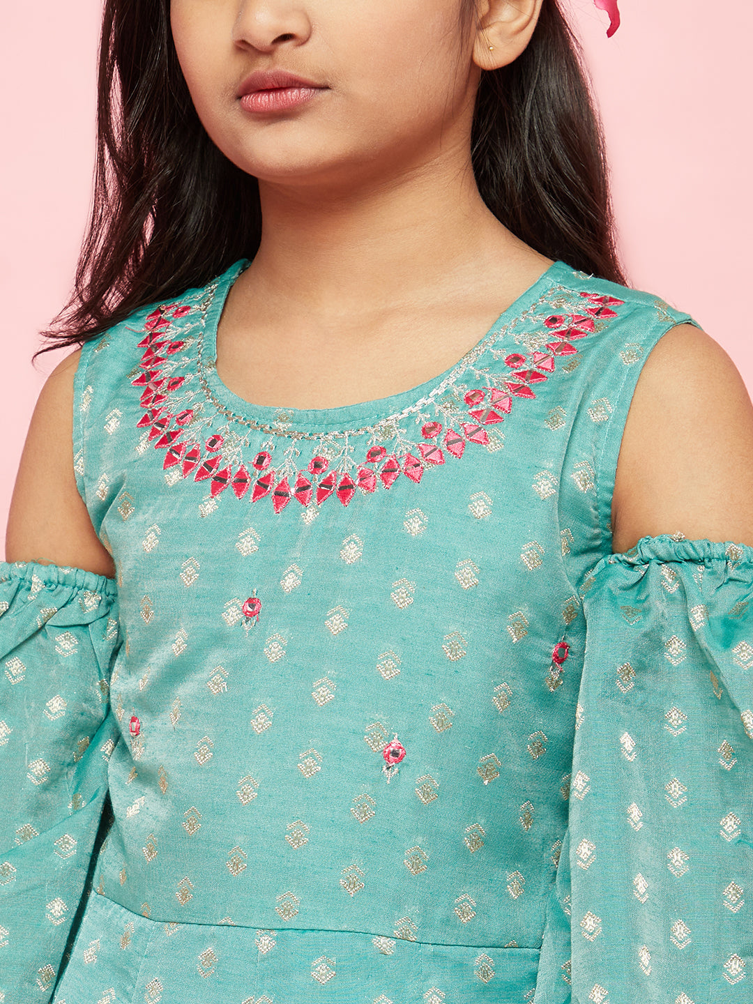 Green Embellished Flared Maxi Dress - Elganza