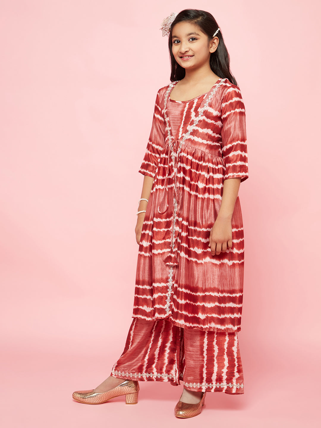 Brown Striped Top Palazzo With Jacket - Elganza