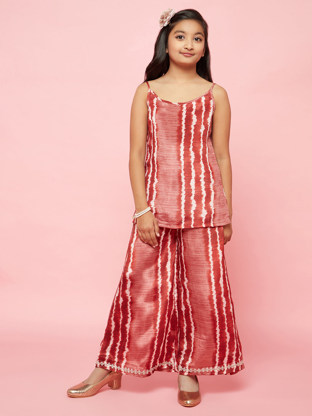 Brown Striped Top Palazzo With Jacket - Elganza