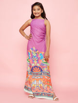 Purple Abstract Print Side Slit Maxi Dress - Elganza