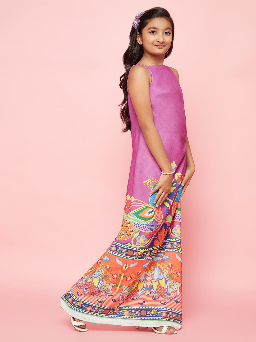 Purple Abstract Print Side Slit Maxi Dress - Elganza