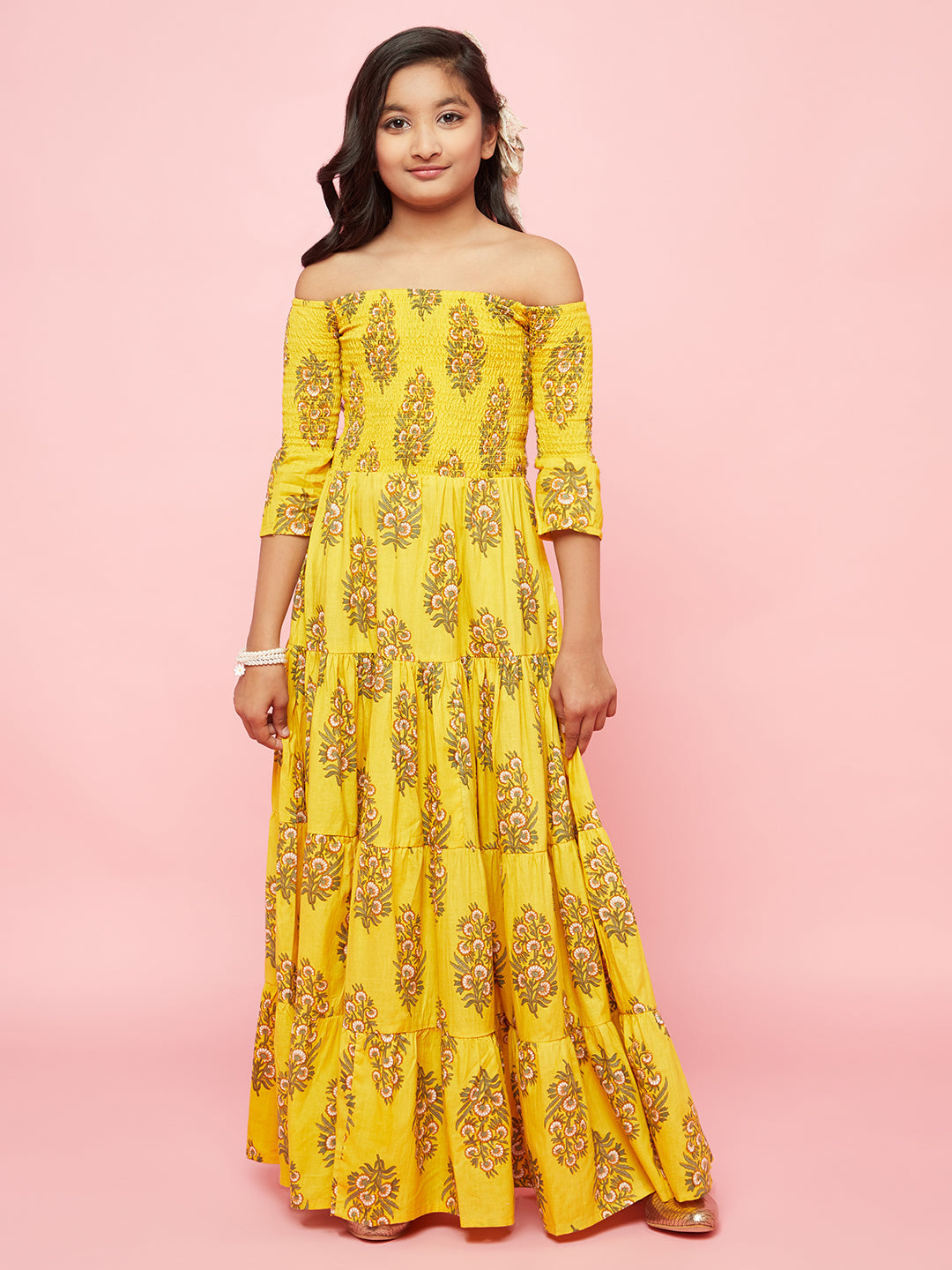 Yellow Floral Print Tiered Maxi Dress - Elganza