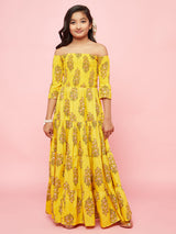 Yellow Floral Print Tiered Maxi Dress - Elganza