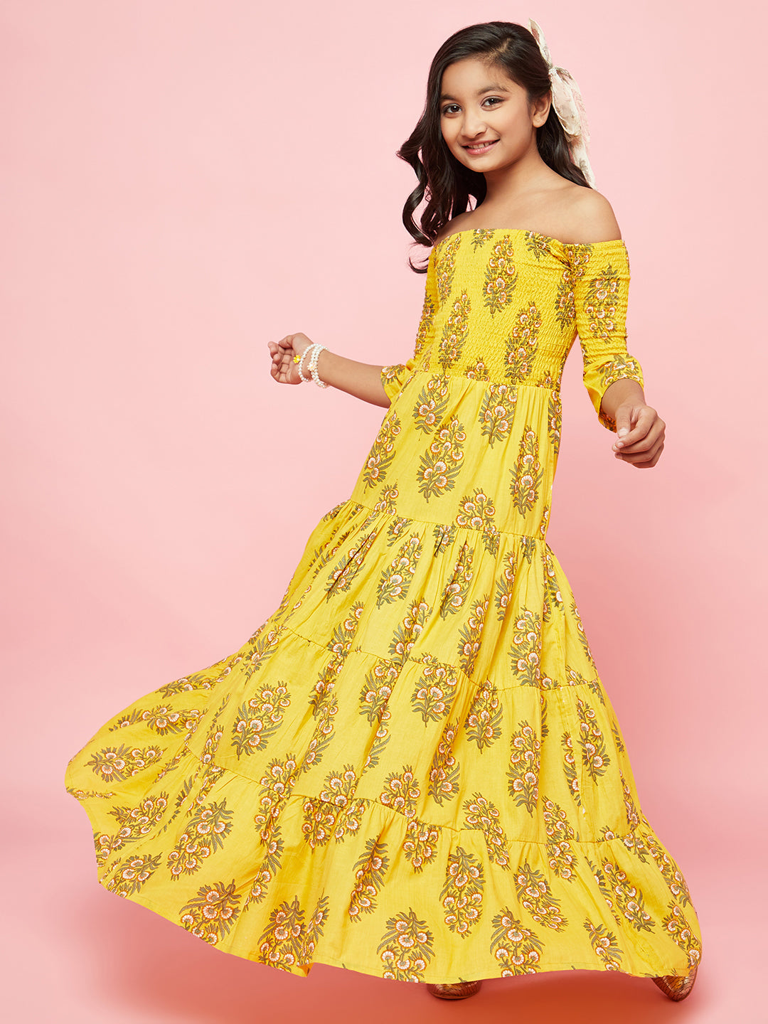 Yellow Floral Print Tiered Maxi Dress - Elganza