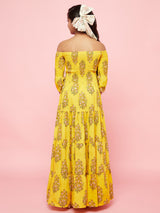 Yellow Floral Print Tiered Maxi Dress - Elganza