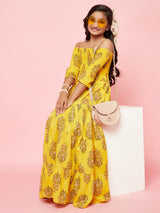 Yellow Floral Print Tiered Maxi Dress - Elganza