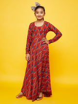 Maroon Printed Flared Maxi Dress - Elganza