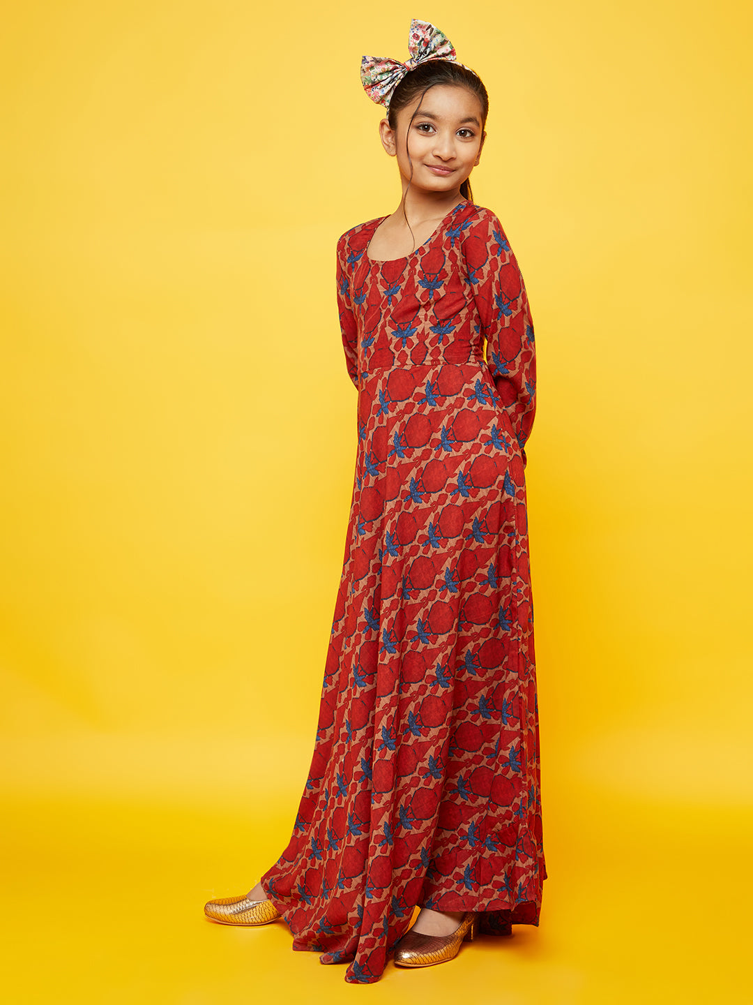 Maroon Printed Flared Maxi Dress - Elganza
