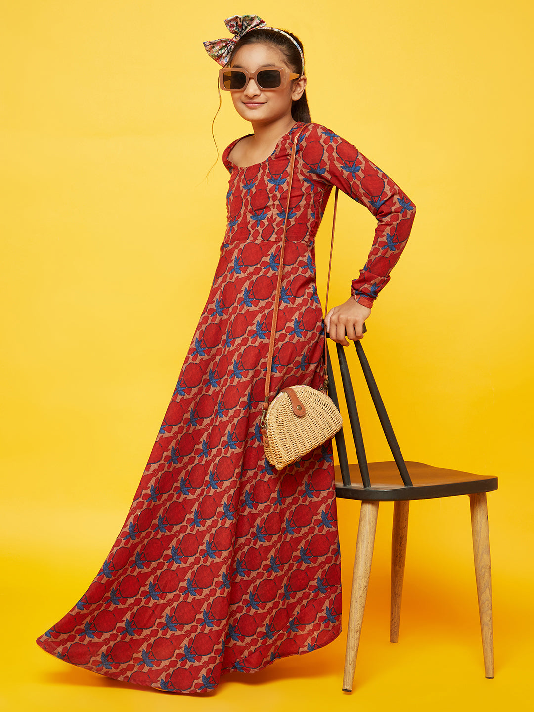 Maroon Printed Flared Maxi Dress - Elganza