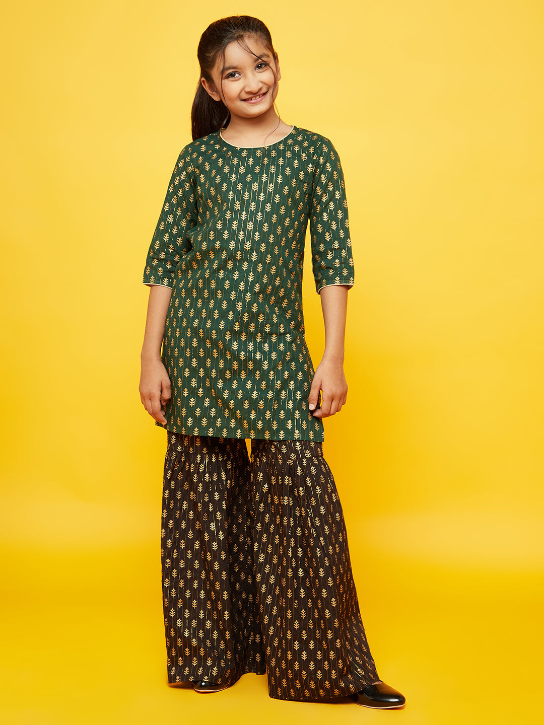 Green Gold Print Kurta With Sharara - Elganza