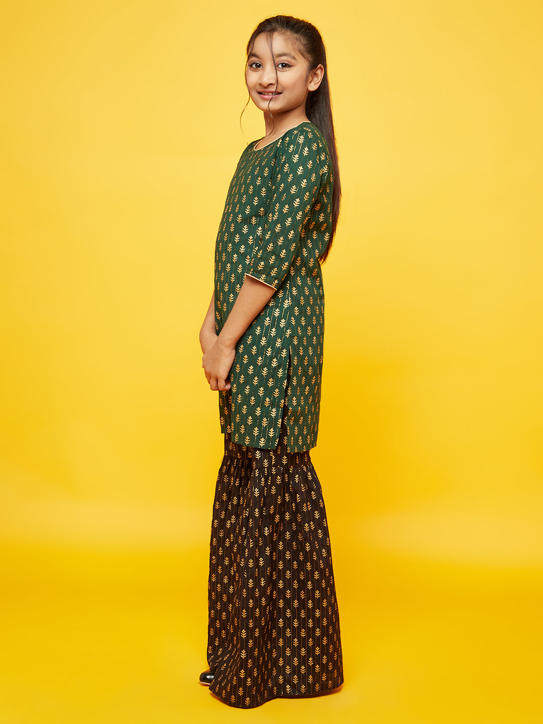 Green Gold Print Kurta With Sharara - Elganza