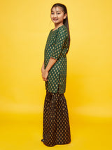 Green Gold Print Kurta With Sharara - Elganza