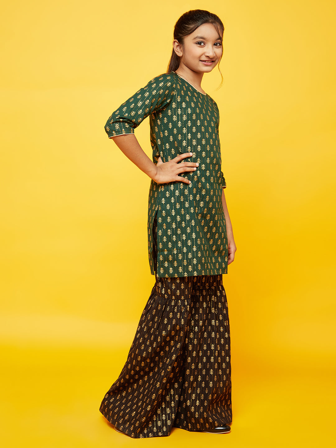 Green Gold Print Kurta With Sharara - Elganza
