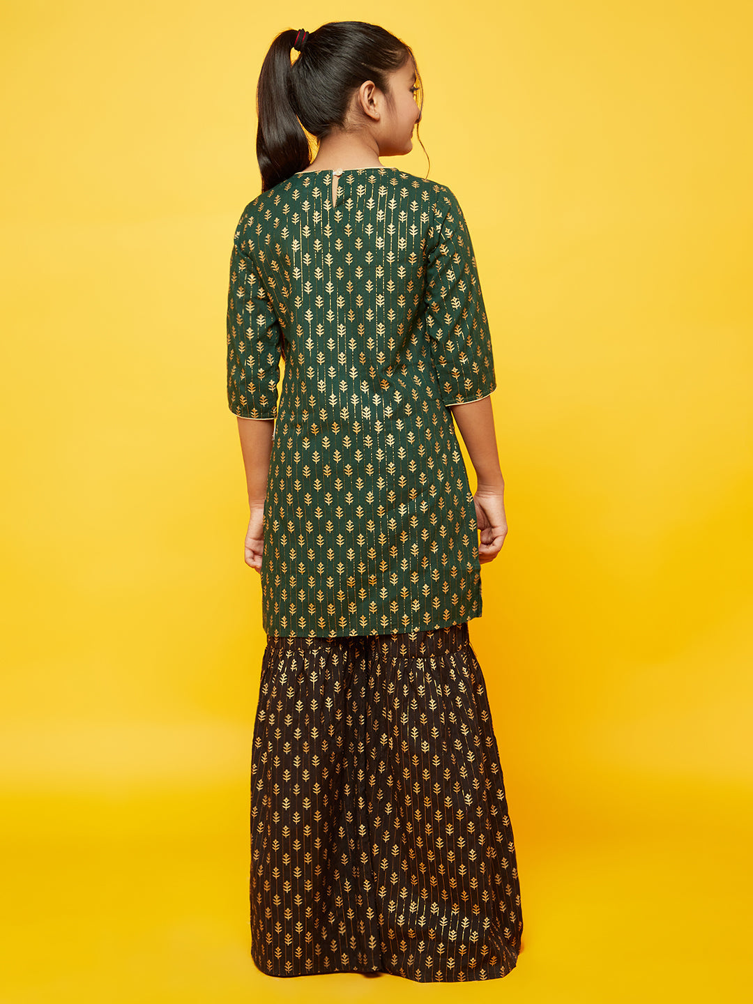 Green Gold Print Kurta With Sharara - Elganza