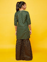 Green Gold Print Kurta With Sharara - Elganza
