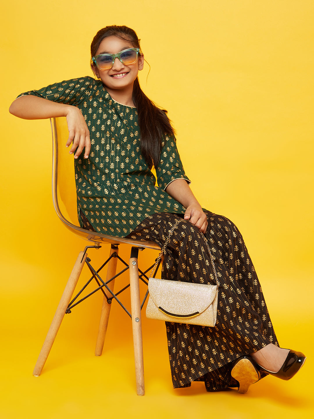 Green Gold Print Kurta With Sharara - Elganza