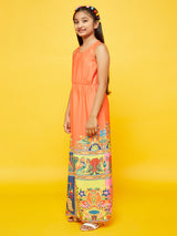 Orange Printed Flared Dress - Elganza
