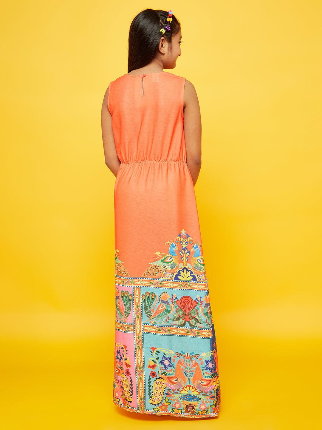 Orange Printed Flared Dress - Elganza