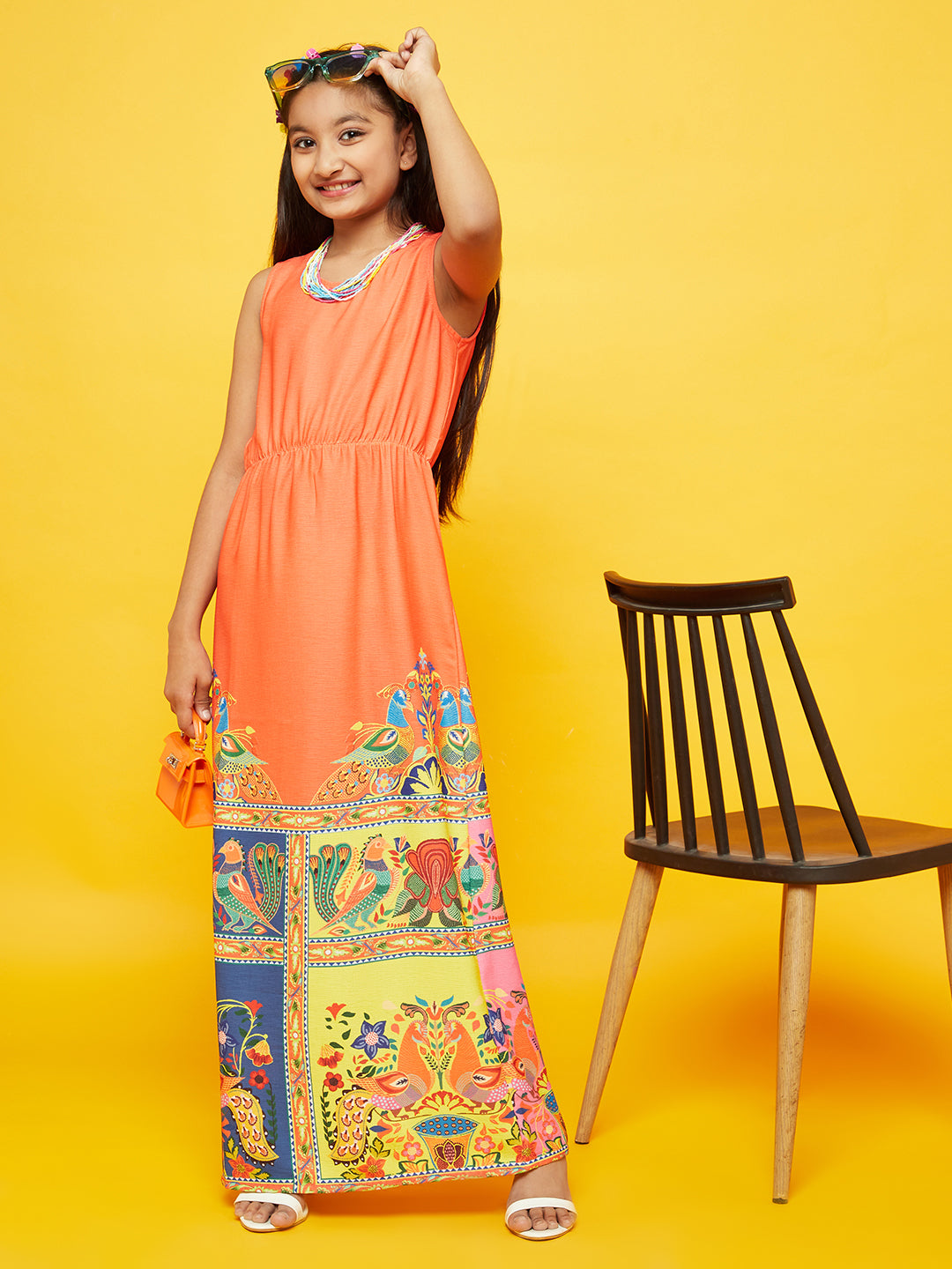 Orange Printed Flared Dress - Elganza