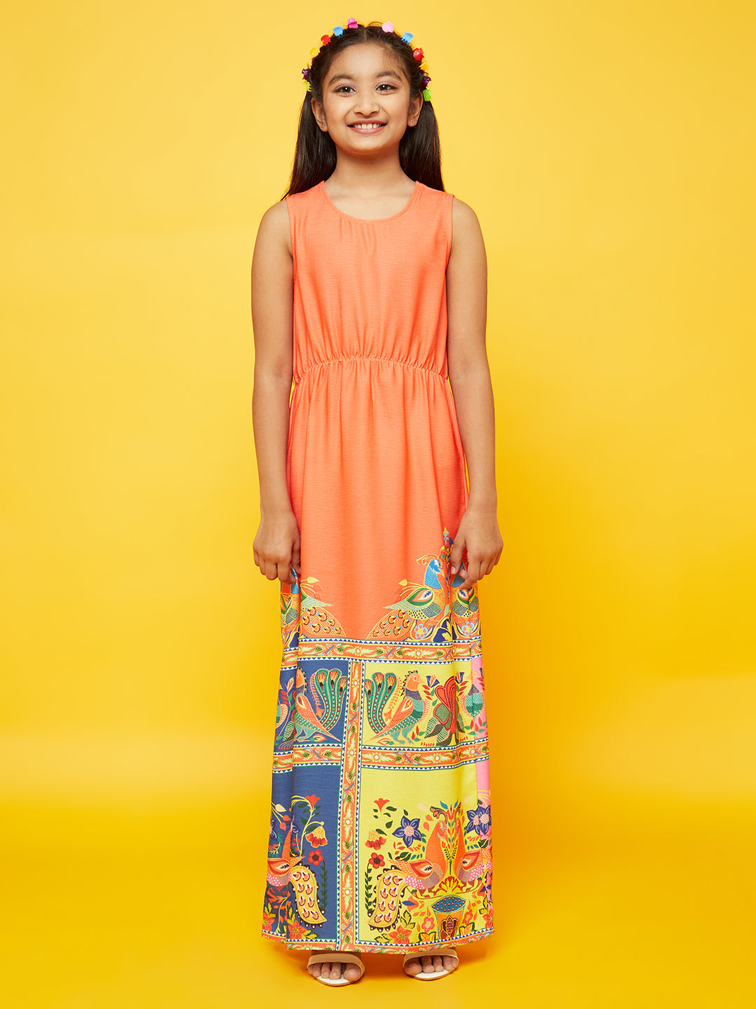 Orange Printed Flared Dress - Elganza