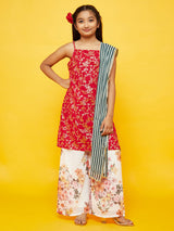 Red Floral Print Kurta With Dupatta - Elganza