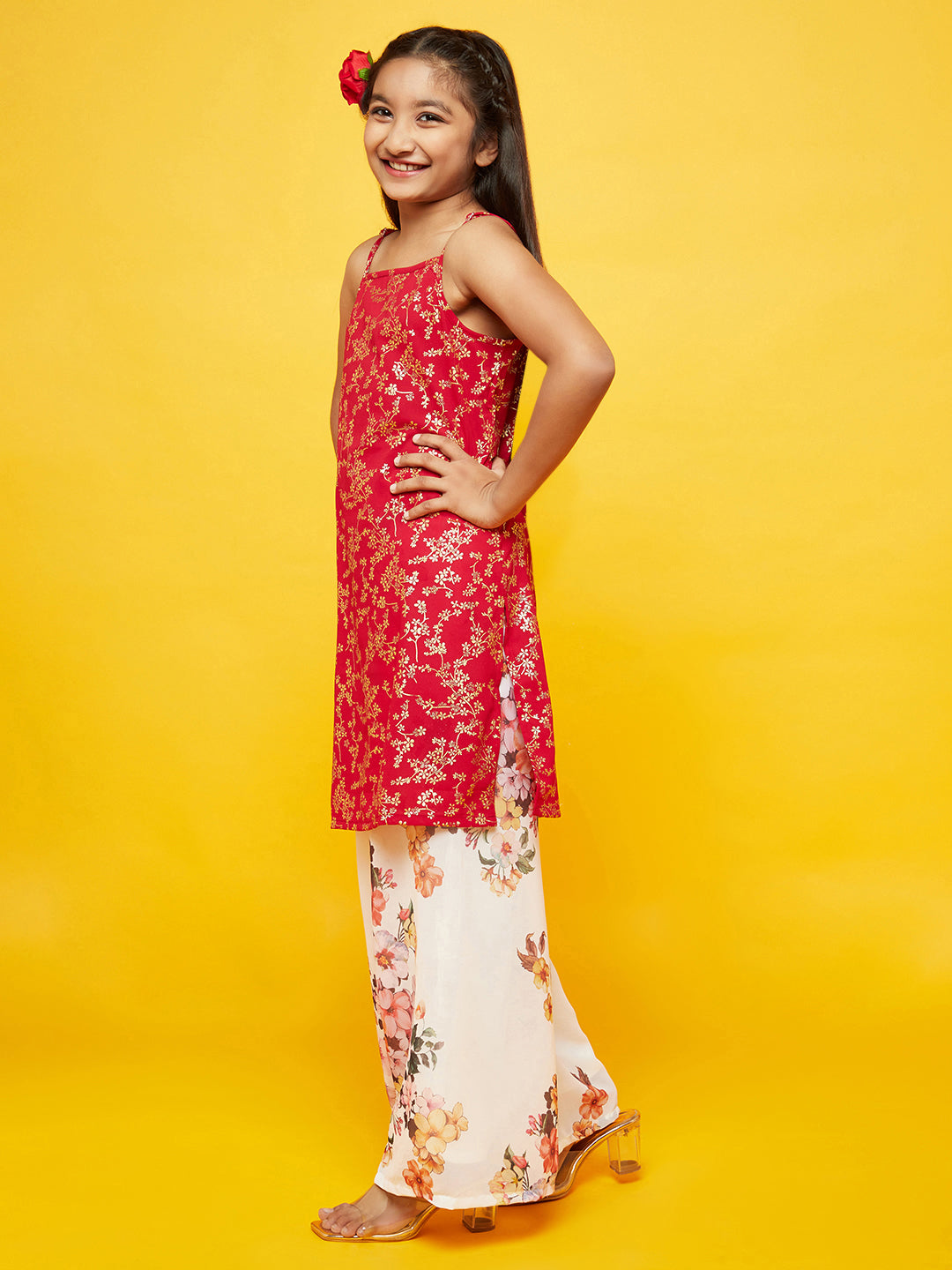 Red Floral Print Kurta With Dupatta - Elganza