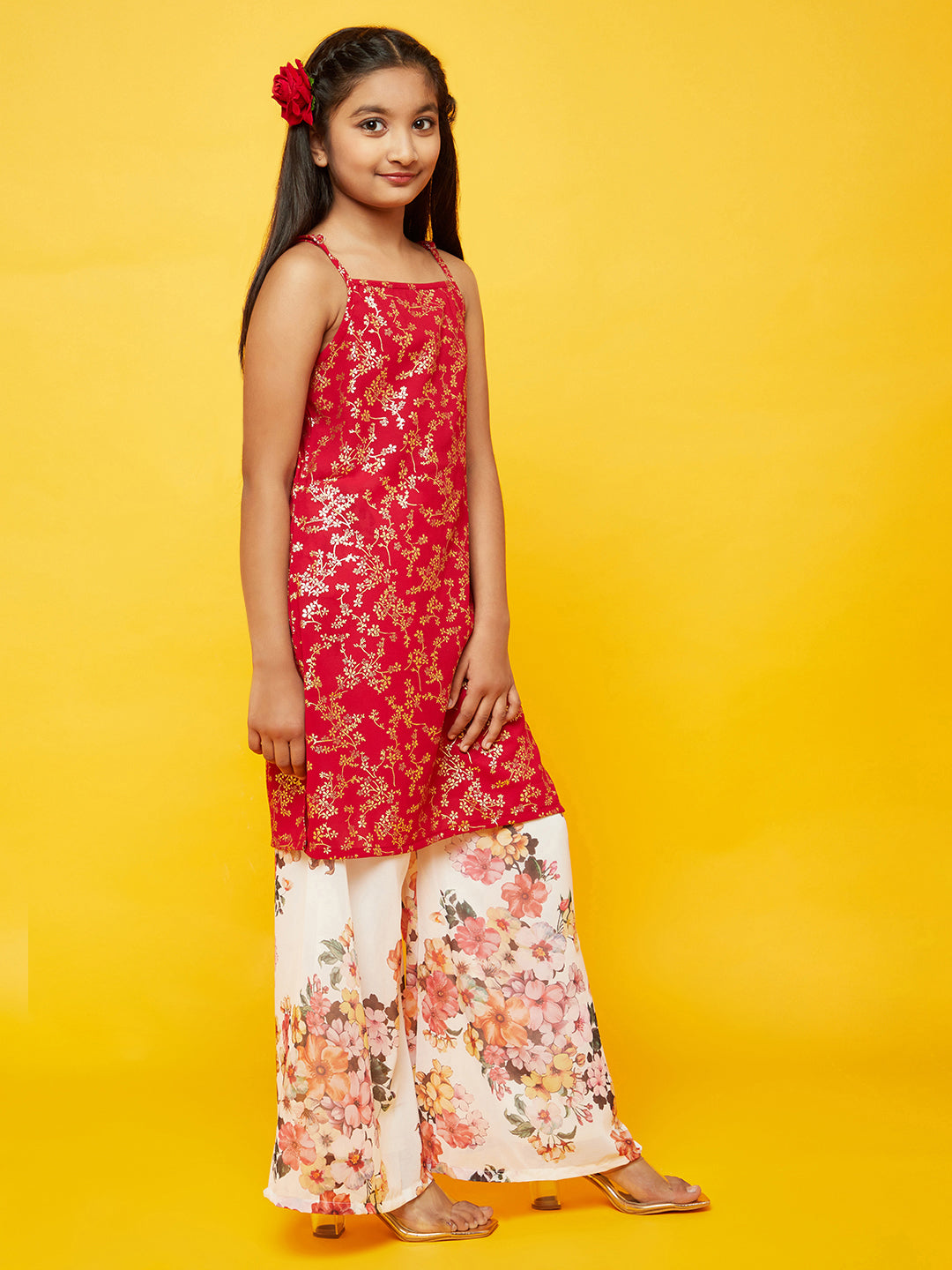 Red Floral Print Kurta With Dupatta - Elganza