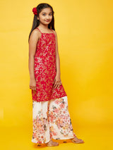 Red Floral Print Kurta With Dupatta - Elganza