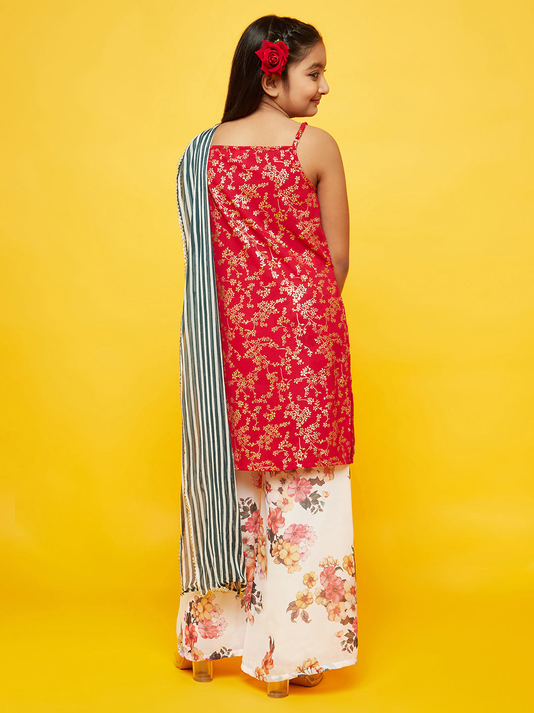 Red Floral Print Kurta With Dupatta - Elganza