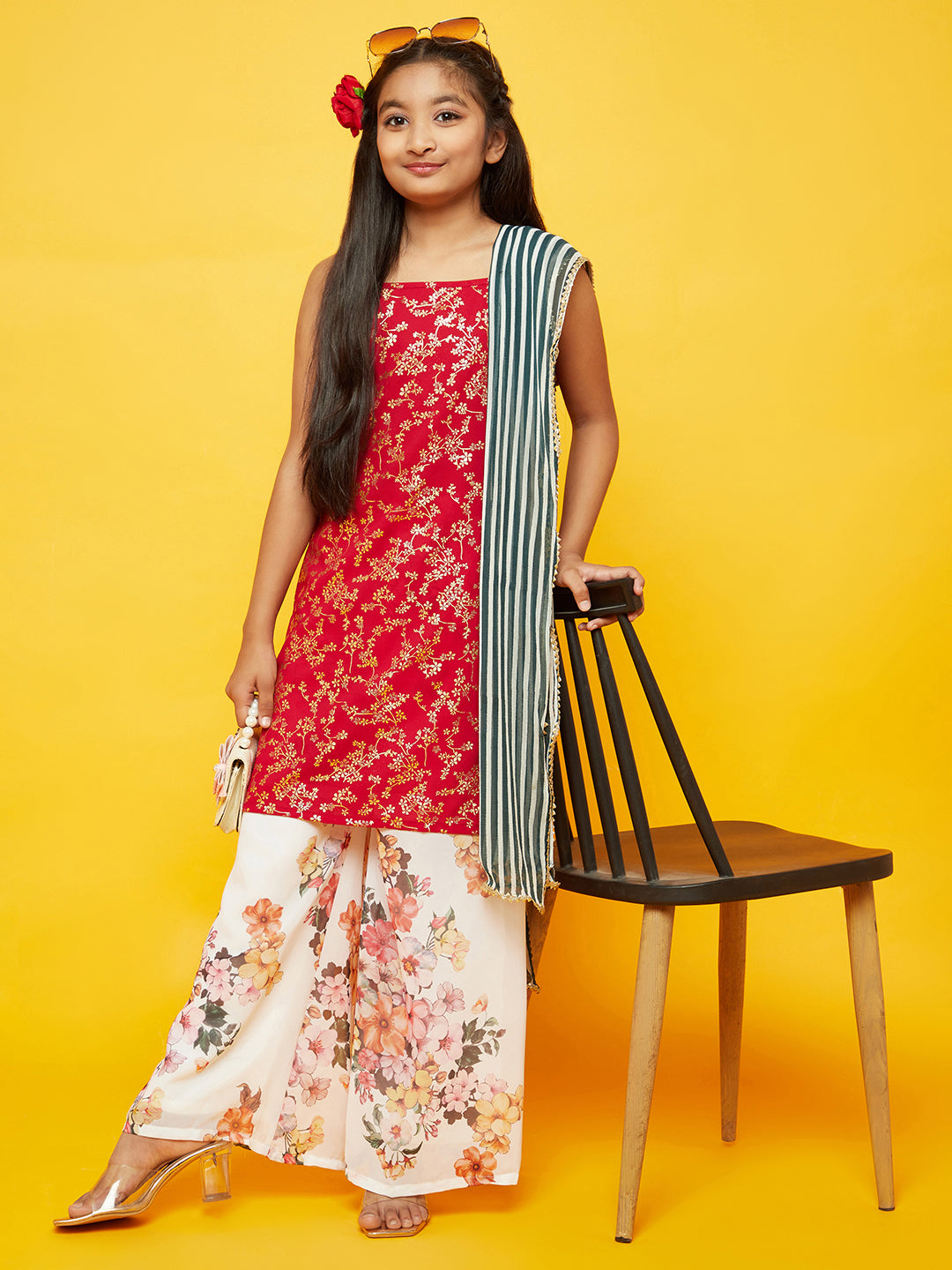Red Floral Print Kurta With Dupatta - Elganza