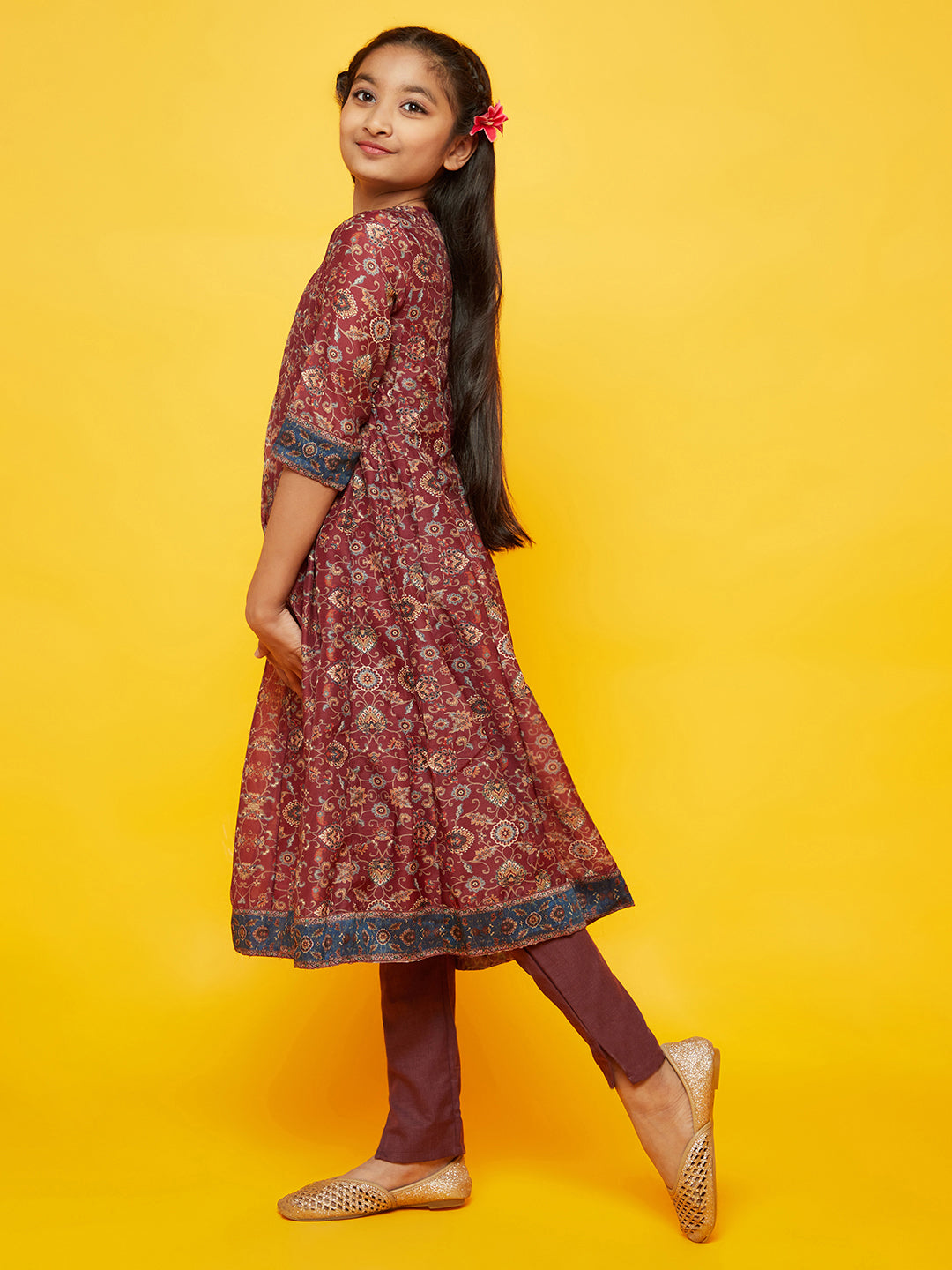 Burgundy Floral Print Anarkali Pant With Dupatta - Elganza