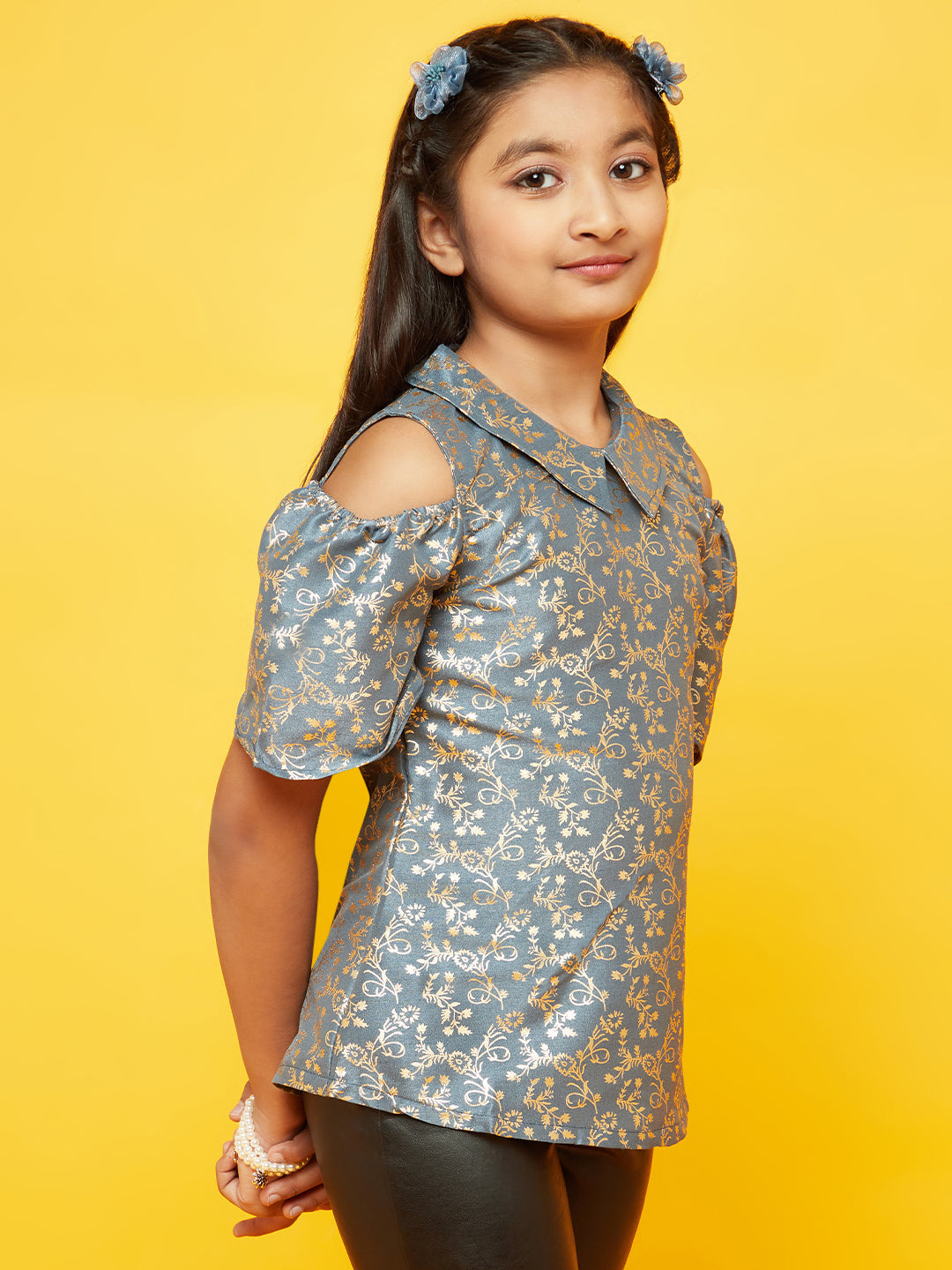 Grey Foil Printed Cold Shoulder Top - Elganza