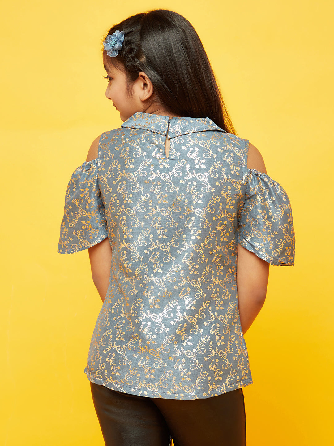 Grey Foil Printed Cold Shoulder Top - Elganza