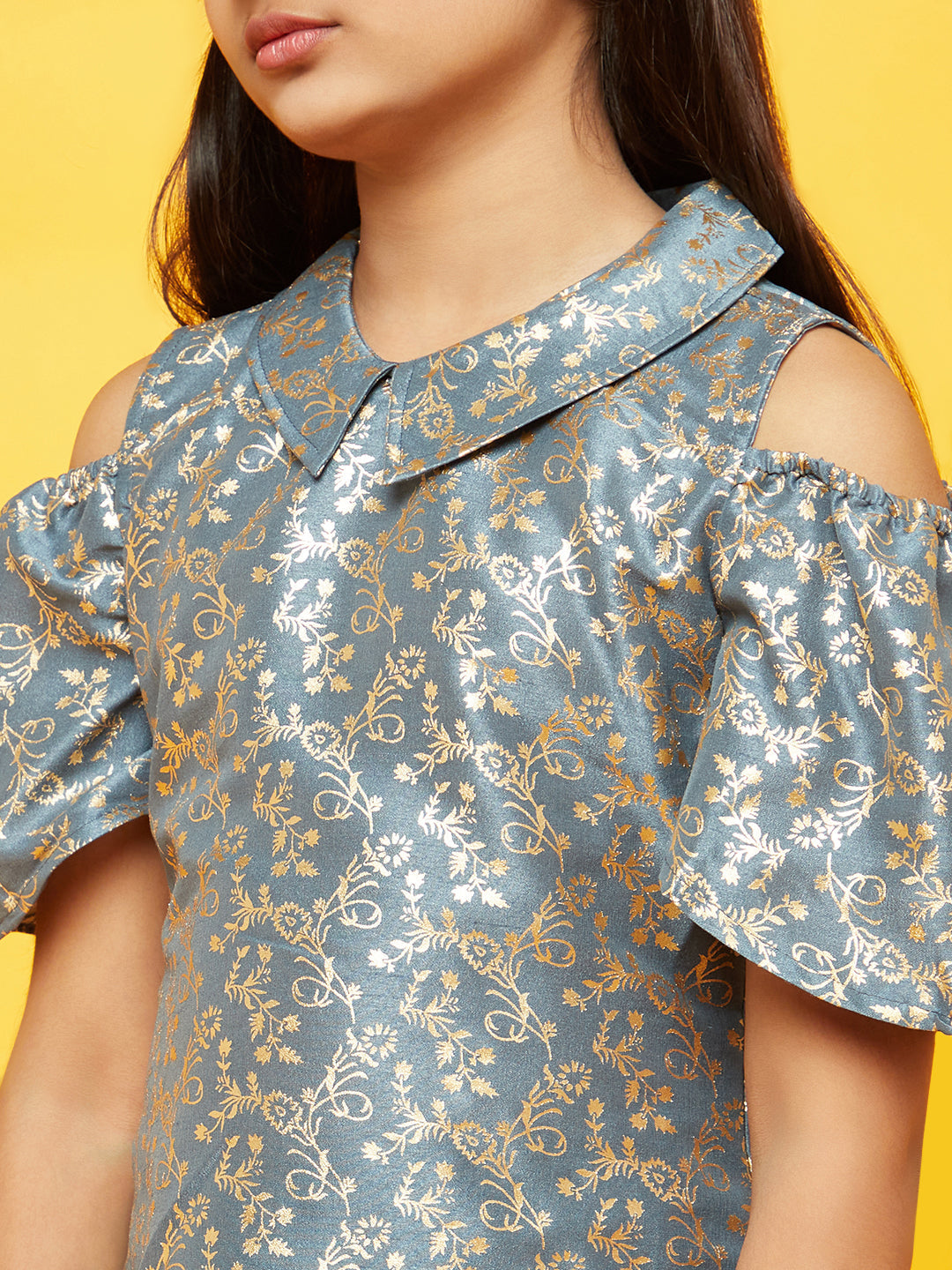 Grey Foil Printed Cold Shoulder Top - Elganza