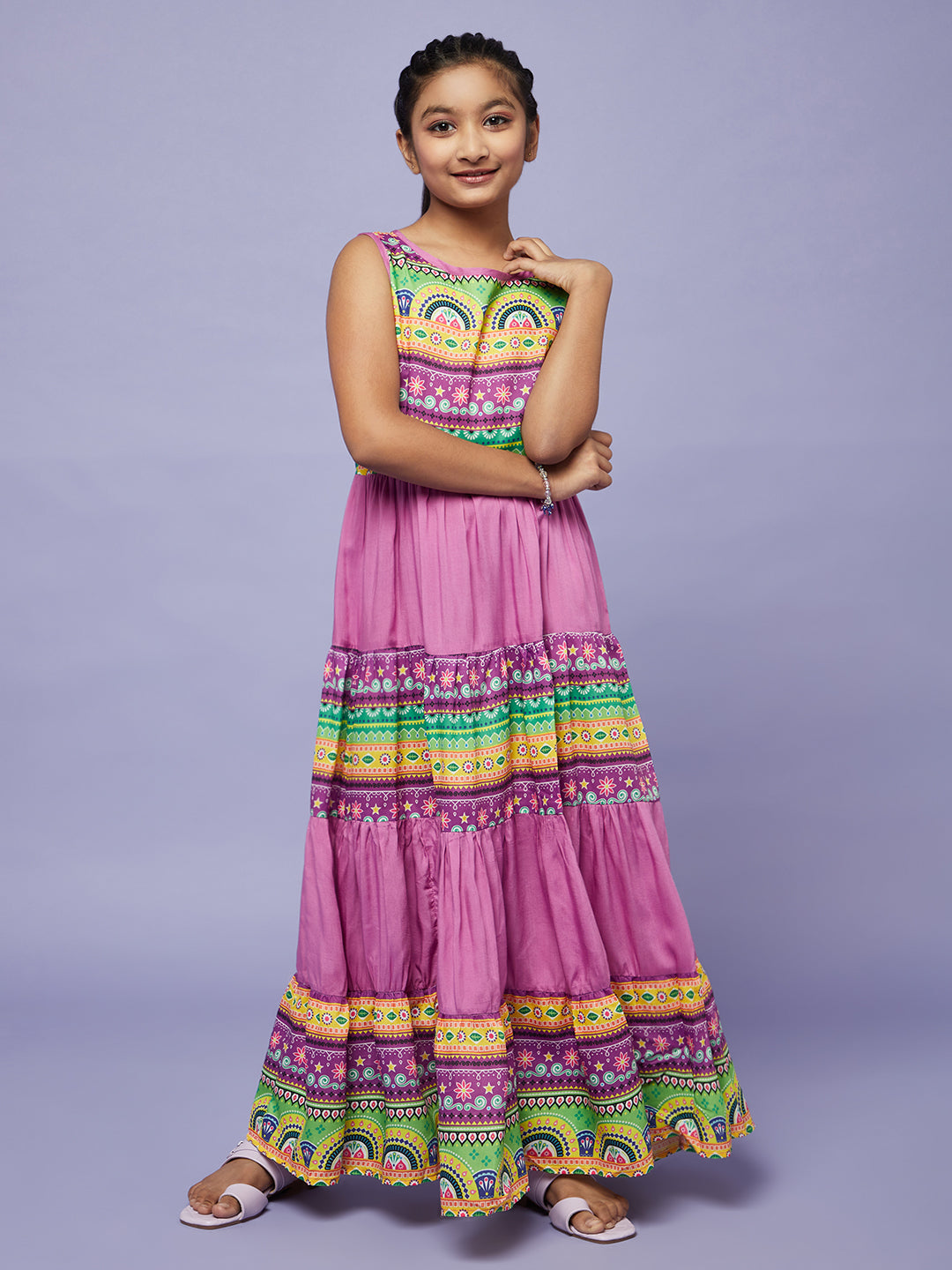Purple Printed Flared Dress - Elganza