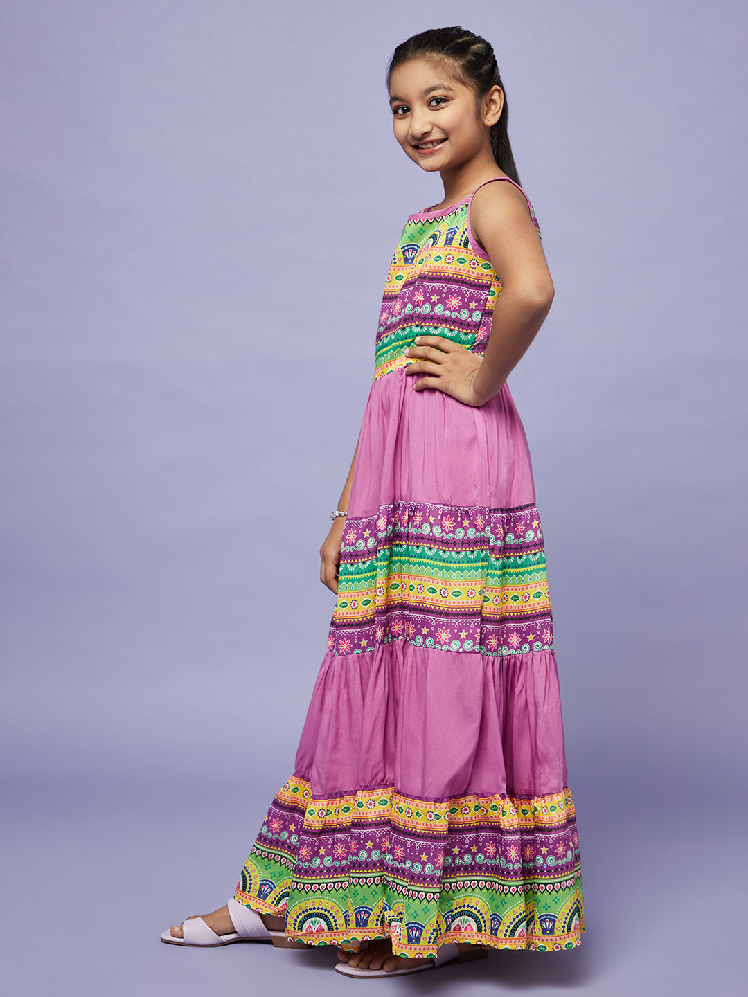 Purple Printed Flared Dress - Elganza