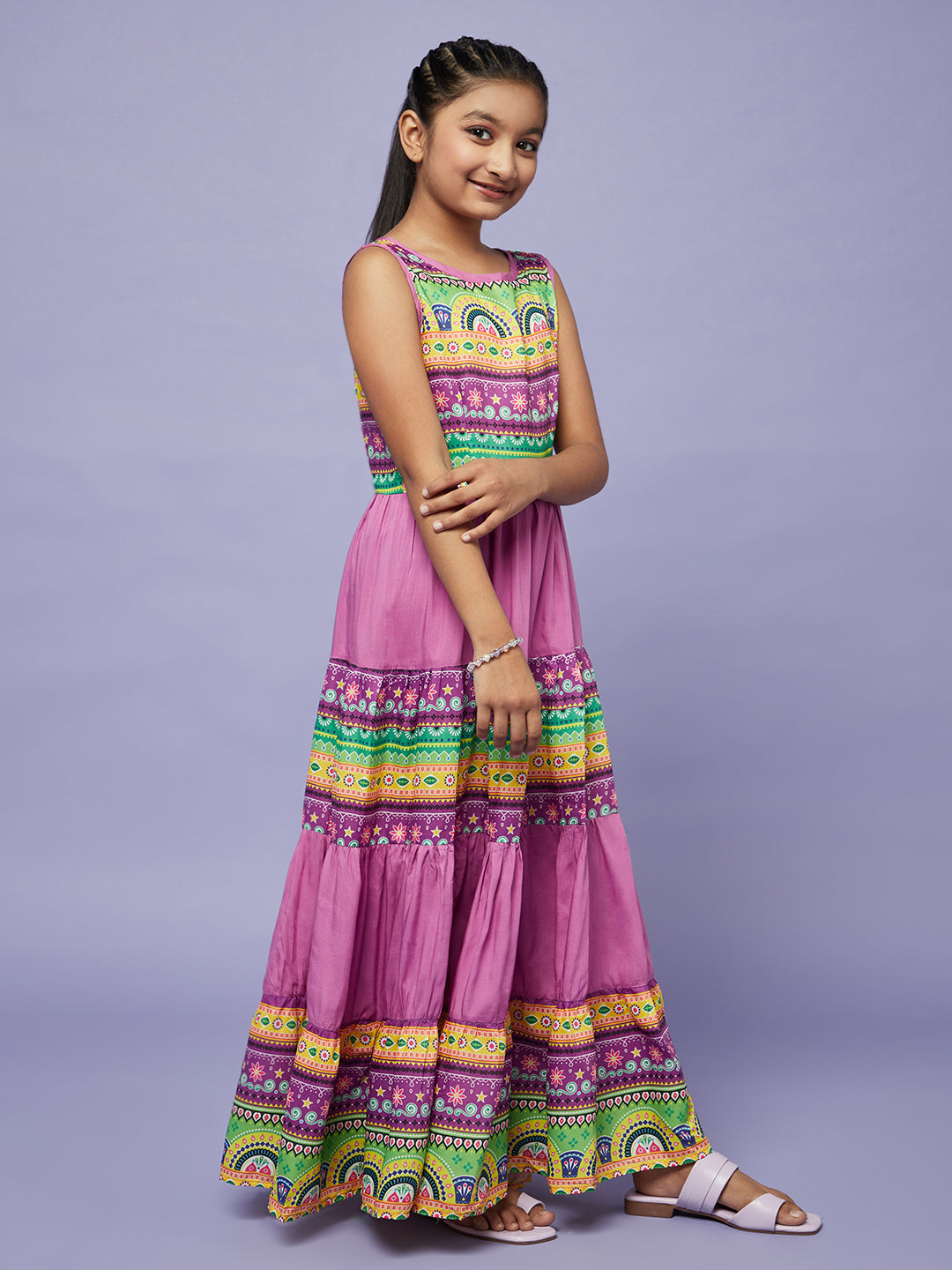 Purple Printed Flared Dress - Elganza