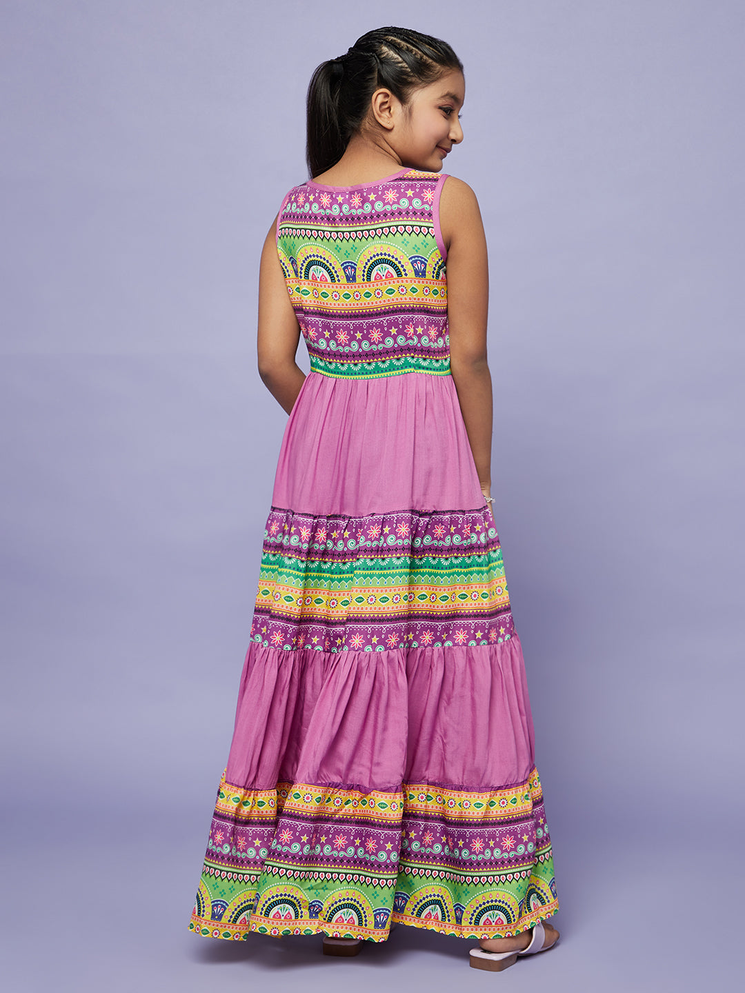 Purple Printed Flared Dress - Elganza