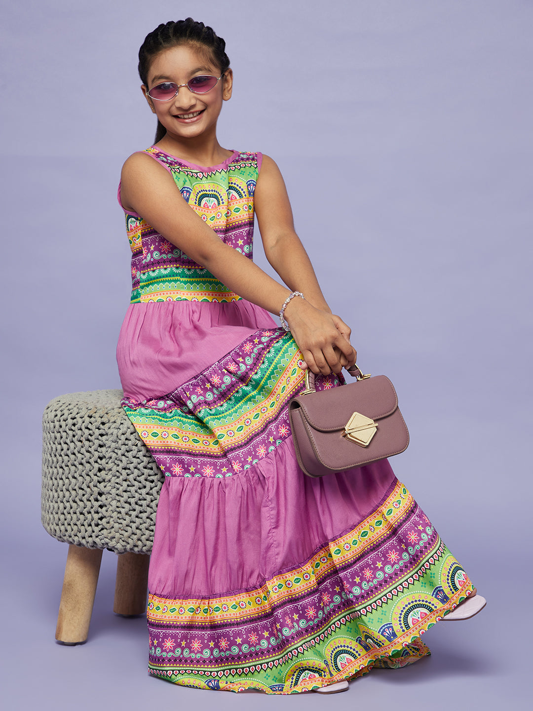 Purple Printed Flared Dress - Elganza