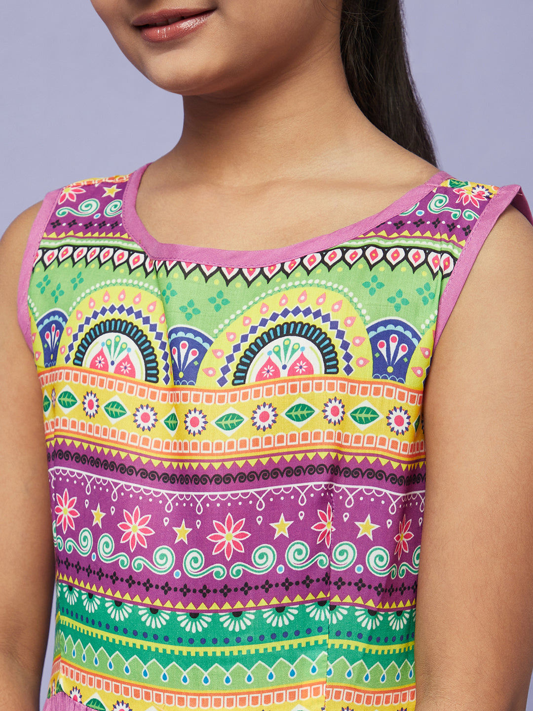 Purple Printed Flared Dress - Elganza