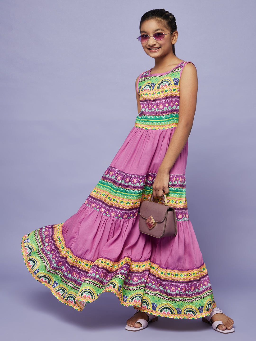 Purple Printed Flared Dress - Elganza