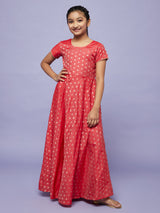 Red Gold Dobby Maxi Dress With Potali Bag - Elganza