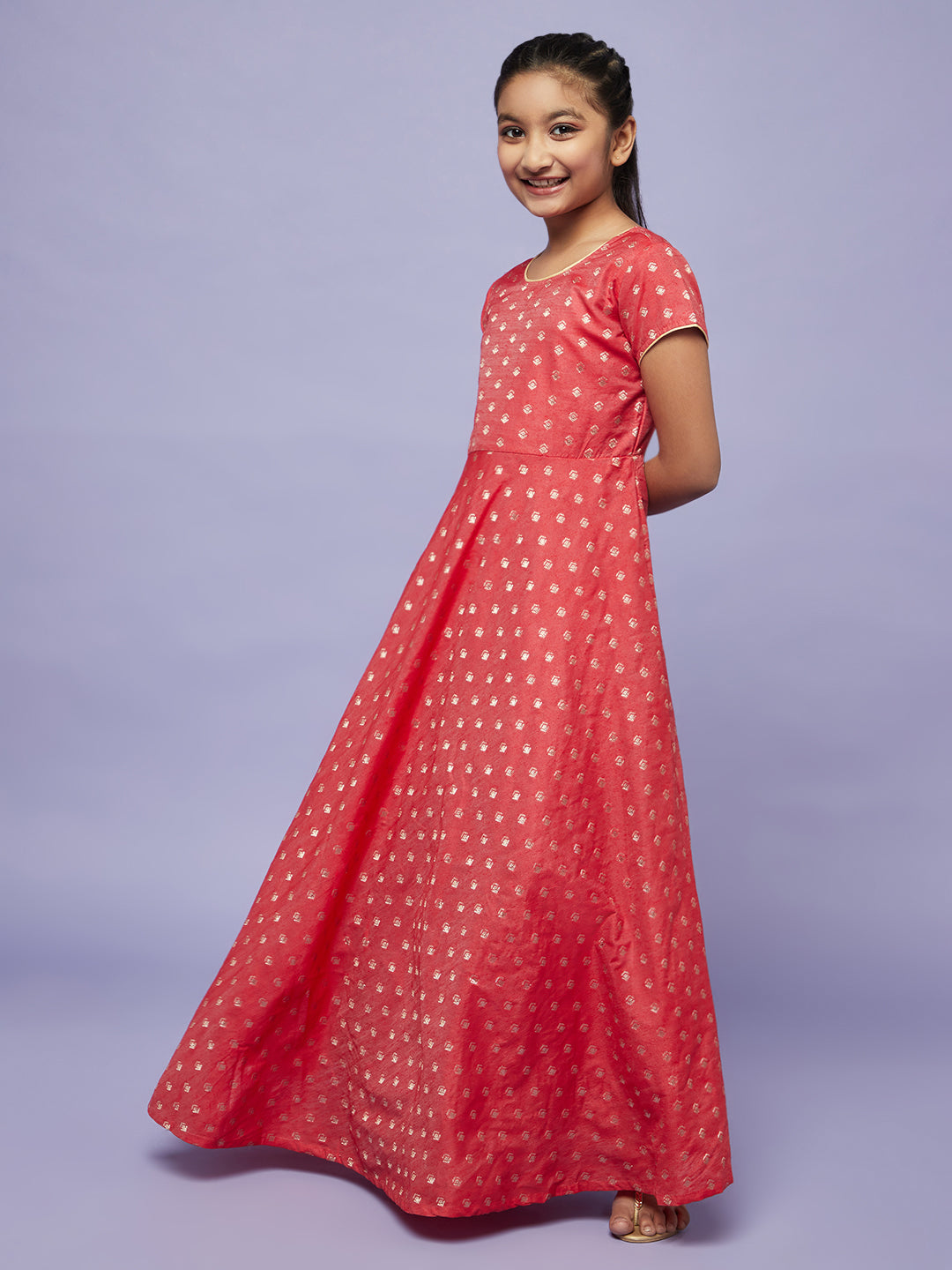 Red Gold Dobby Maxi Dress With Potali Bag - Elganza