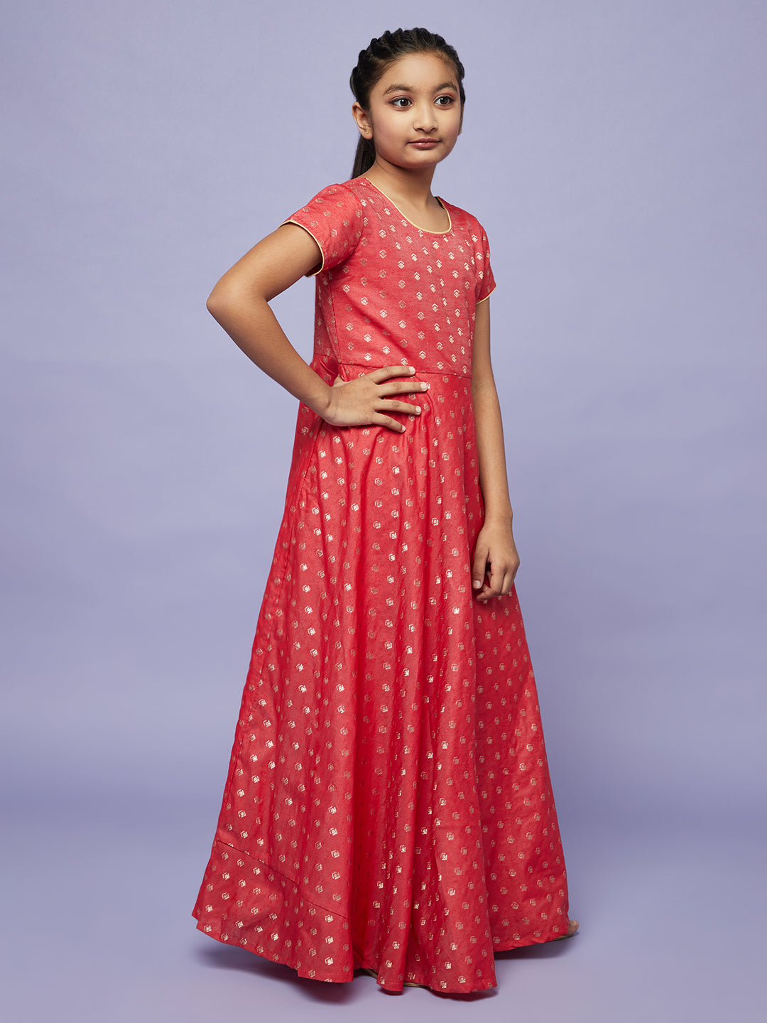 Red Gold Dobby Maxi Dress With Potali Bag - Elganza